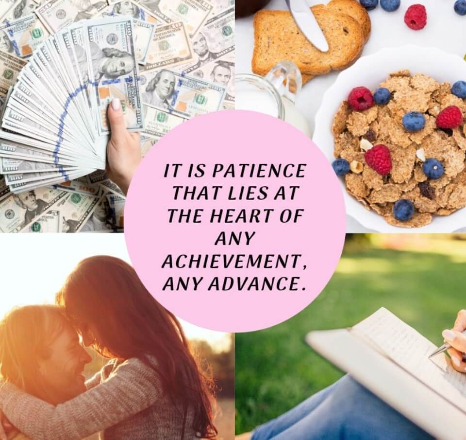 The abundance of money, healthy food, a couple in love, journaling process combined with the circle with a quote in the center.